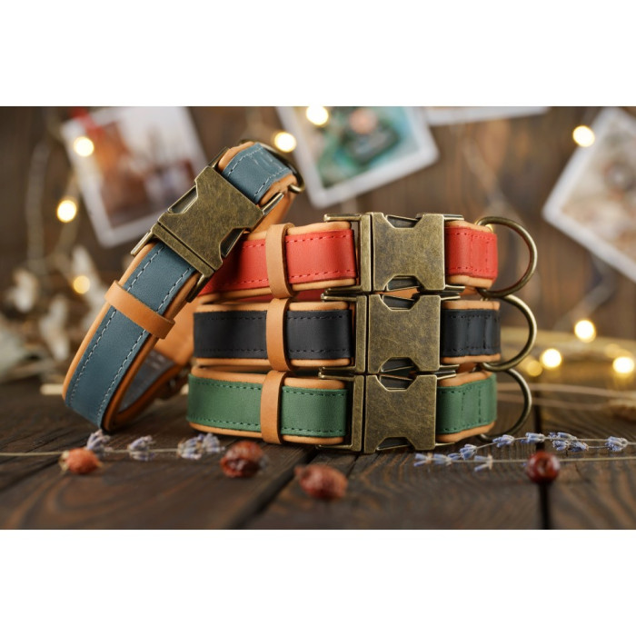 Ошейник для собак кожаный BronzeDog подклеенный Бордовый M 30-43 см