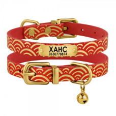 Ошейник для кошек кожаный Classic одинарный с золотым тиснением Море, Красный, 2XS 18-25 см