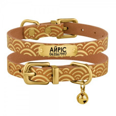 Ошейник для кошек кожаный Classic одинарный с золотым тиснением Море, Горчичный, 2XS 18-25 см