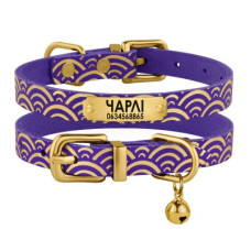 Ошейник для кошек кожаный Classic одинарный с золотым тиснением Море, Фиолетовый, 2XS 18-25 см