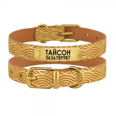 Ошейник для собак кожаный Classic одинарный с золотым тиснением Волна Горчица, XS 18-25 см
