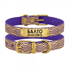 Ошейник для собак кожаный Classic одинарный с золотым тиснением Волна Фиолетовый, XS 18-25 см