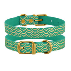 Ошейник для собак кожаный Classic одинарный с золотым тиснением Море Бирюзовый, S 23-30 см