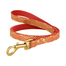 Поводок для собак кожаный Classic одинарный с золотым тиснением Волна Красный, S 122см, 1см