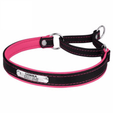 Нашийник-напівудавка для собак Premium зі сталевою фурнітурою та адресником, Чорно-рожевий