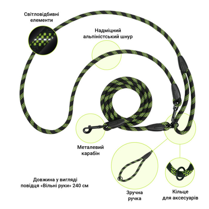 Повідець для собак світловідбивний "Вільні руки" Синій, L - 240 см / 9 см