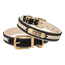 Нашийник для собак шкіряний Premium з литою латунною фурнітурою та адресником, Чорно-Бежевий L 38-48 см