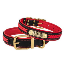 Нашийник для собак шкіряний Premium з литою латунною фурнітурою та адресником, Чорно-Червоний S 28-36 см