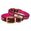 Нашийник для собак шкіряний Premium з литою латунною фурнітурою та адресником, Коричнево-рожевий S 28-36 см