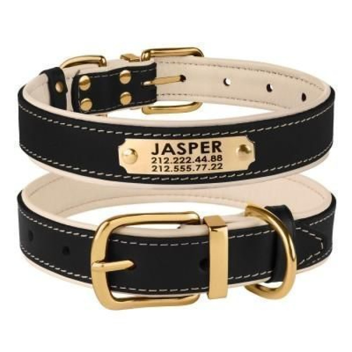 Кожаный ошейник для собак BronzeDog Premium с литой латунной фурнитурой и адресником, Черно-Бежевый XL 43-56 см