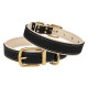 Кожаный ошейник для собак BronzeDog Premium с литой латунной фурнитурой и адресником, Черно-Бежевый XL 43-56 см