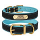 Кожаный ошейник для собак BronzeDog Premium с литой латунной фурнитурой и адресником, Черно-Голубой L 38-48 см