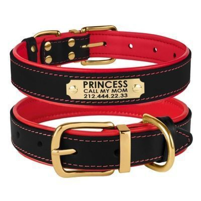 Кожаный ошейник для собак BronzeDog Premium с литой латунной фурнитурой и адресником, Черно-Красный L 38-48 см