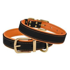 Кожаный ошейник для собак BronzeDog Premium с литой латунной фурнитурой и адресником, Черно-Оранжевый S 28-36 см