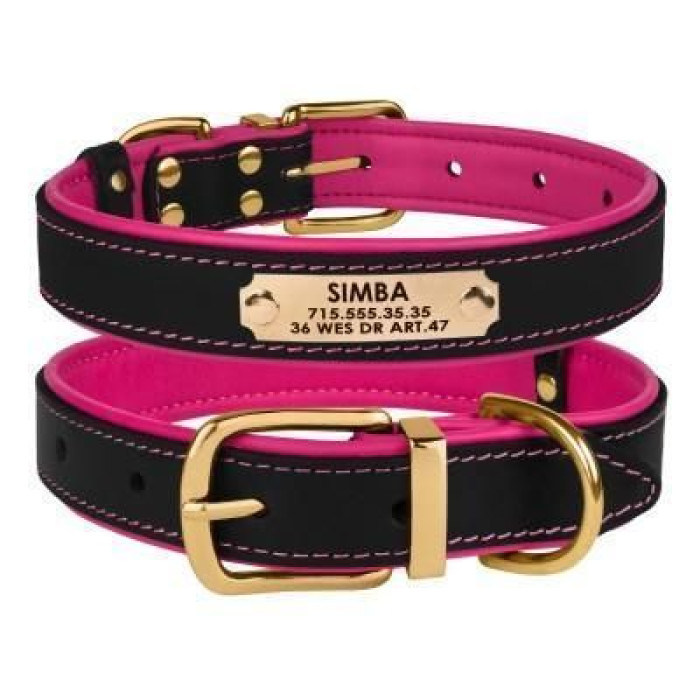 Кожаный ошейник для собак BronzeDog Premium с литой латунной фурнитурой и адресником, Черно-Розовый XL 43-56 см
