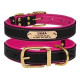 Кожаный ошейник для собак BronzeDog Premium с литой латунной фурнитурой и адресником, Черно-Розовый XL 43-56 см