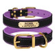 Кожаный ошейник для собак BronzeDog Premium с литой латунной фурнитурой и адресником, Черно-Фиолетовый M 33-43 см