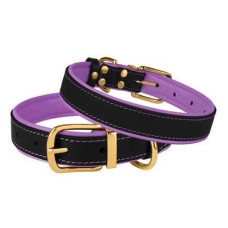 Кожаный ошейник для собак BronzeDog Premium с литой латунной фурнитурой и адресником, Черно-Фиолетовый S 28-36 см