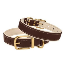 Кожаный ошейник для собак BronzeDog Premium с литой латунной фурнитурой и адресником, Коричнево-Бежевый S 28-36 см