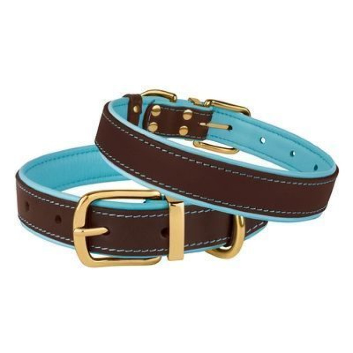 Шкіряний нашийник для собак Premium з литою латунною фурнітурою та адресником, Коричнево-Блакитний S 28-36 см