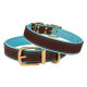 Шкіряний нашийник для собак Premium з литою латунною фурнітурою та адресником, Коричнево-Блакитний S 28-36 см
