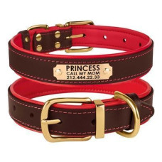 Шкіряний нашийник для собак Premium з литою латунною фурнітурою та адресником, Коричнево-Червоний S 28-36 см