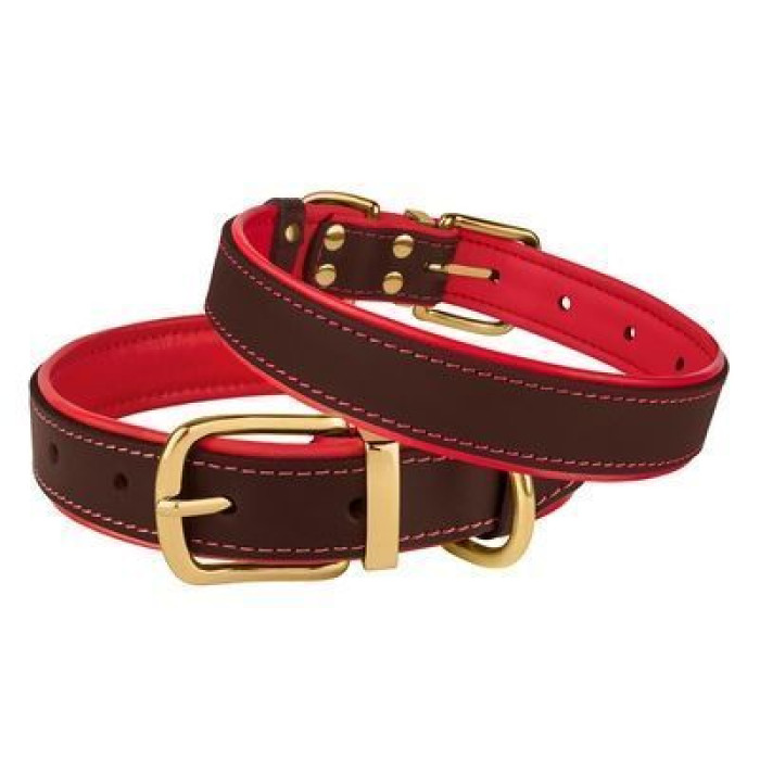 Шкіряний нашийник для собак Premium з литою латунною фурнітурою та адресником, Коричнево-Червоний M 33-43 см