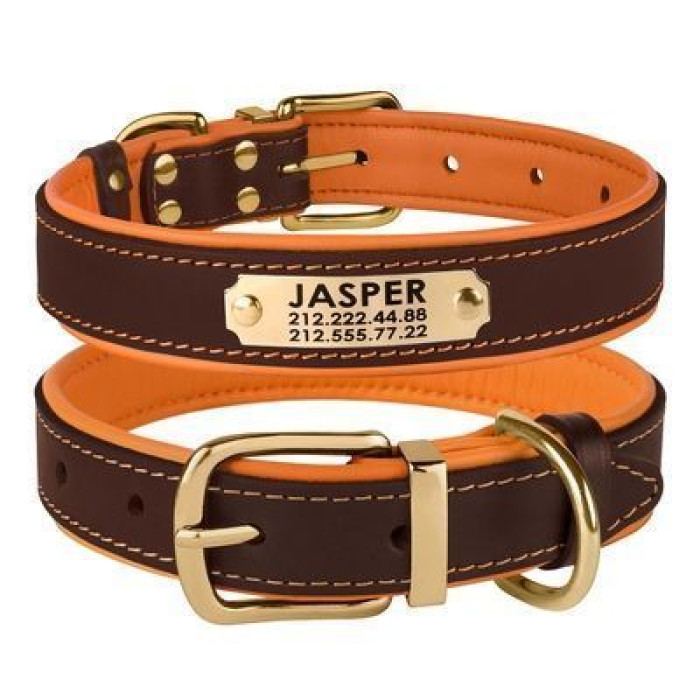 Шкіряний нашийник для собак Premium з литою латунною фурнітурою та адресником, Коричнево-Помаранчевий S 28-36 см