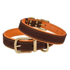 Кожаный ошейник для собак BronzeDog Premium с литой латунной фурнитурой и адресником, Коричнево-Оранжевый S 28-36 см