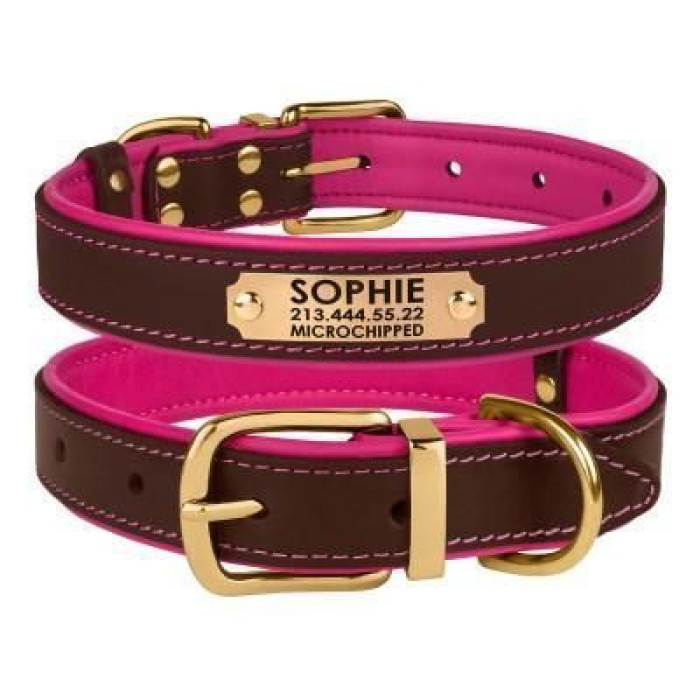 Шкіряний нашийник для собак Premium з литою латунною фурнітурою та адресником, Коричнево-рожевий S 28-36 см
