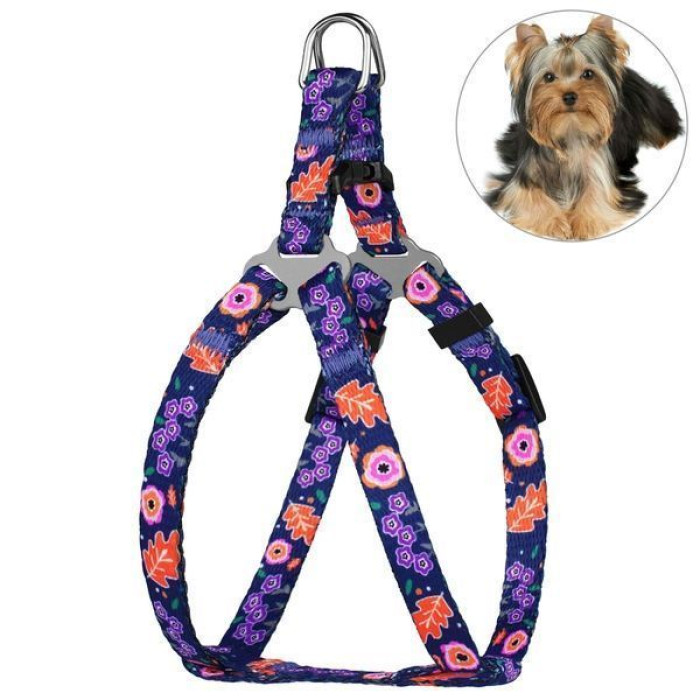 Шлея для собак нейлоновая BronzeDog Urban Цветы, Синяя M 45-56 см