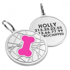 Эмалированный Адресник для Собак BronzeDog Косточка на Фоне Объемной Паутинки Розовый