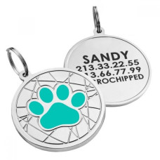 Эмалированный Адресник для Собак BronzeDog Лапка на Фоне Объемной Паутинки Бирюзовый