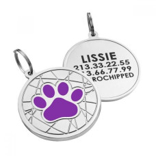 Эмалированный Адресник для Собак BronzeDog Лапка на Фоне Объемной Паутинки Фиолетовый