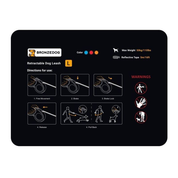 Поводок-рулетка Bronzedog 5 м с рефлекторной лентой, до 50 кг 