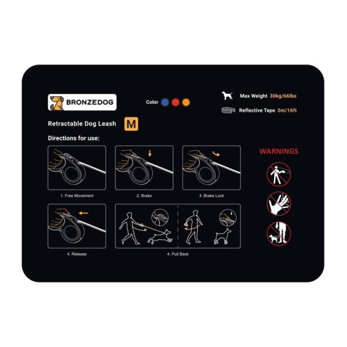 Поводок-рулетка Bronzedog 5 м с рефлекторной лентой, до 30 кг 