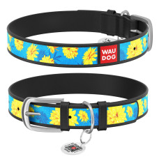 Ошейник WAUDOG Design с рисунком "Цветы на голубом", премиум кожа, метал. пряжка, черный XS1 19-25 см