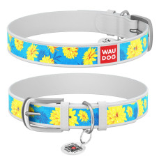 Нашийник WAUDOG Design з малюнком "Квіти на блакитному", преміум шкіра, метал. пряжка, білий XS1 19-25 см