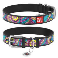 Ошейник WAUDOG Design с рисунком "Сказка", премиум кожа, метал. пряжка, черный XS1 19-25 см
