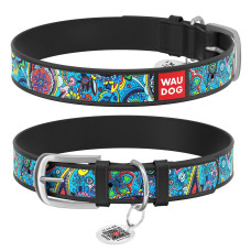Ошейник WAUDOG Design с рисунком "Лазурь", премиум кожа, метал. пряжка, черный XS1 19-25 см