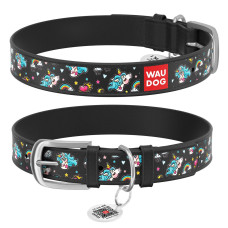 Ошейник WAUDOG Design с рисунком "Единороги", премиум кожа, метал. пряжка, черный XS1 19-25 см