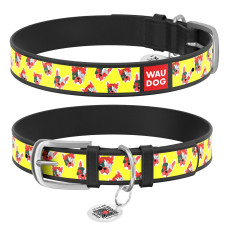 Ошейник WAUDOG Design с рисунком "Француз", премиум кожа, метал. пряжка, черный XS1 19-25 см