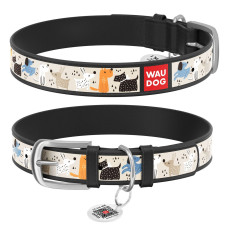 Нашийник WAUDOG Design з малюнком "Собачки на прогулянці", преміум шкіра, метал. пряжка, чорний XS1 19-25 см