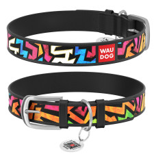Ошейник WAUDOG Design с рисунком "Граффити", премиум кожа, метал. пряжка, черный XS1 19-25 см