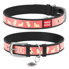 Ошейник WAUDOG Design с рисунком "Йога-пёс", премиум кожа, метал. пряжка, черный XS1 19-25 см