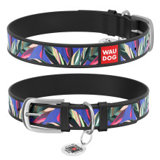 Нашийник WAUDOG Design з малюнком "Листя", преміум шкіра, метал. пряжка, чорний XS1 19-25 см