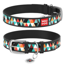 Ошейник WAUDOG Design с рисунком "Печворк 2", премиум кожа, метал. пряжка, черный XS1 19-25 см