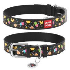 Ошейник WAUDOG Design с рисунком "Ананасы с мороженым", премиум кожа, метал. пряжка, черный XS1 19-25 см