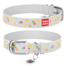 Нашийник WAUDOG Design з малюнком "Ананаси з морозивом", преміум шкіра, метал. пряжка, білий XS1 19-25 см