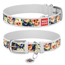 Нашийник WAUDOG Design з малюнком "Гламурні черепи", преміум шкіра, метал. пряжка, білий XS1 19-25 см